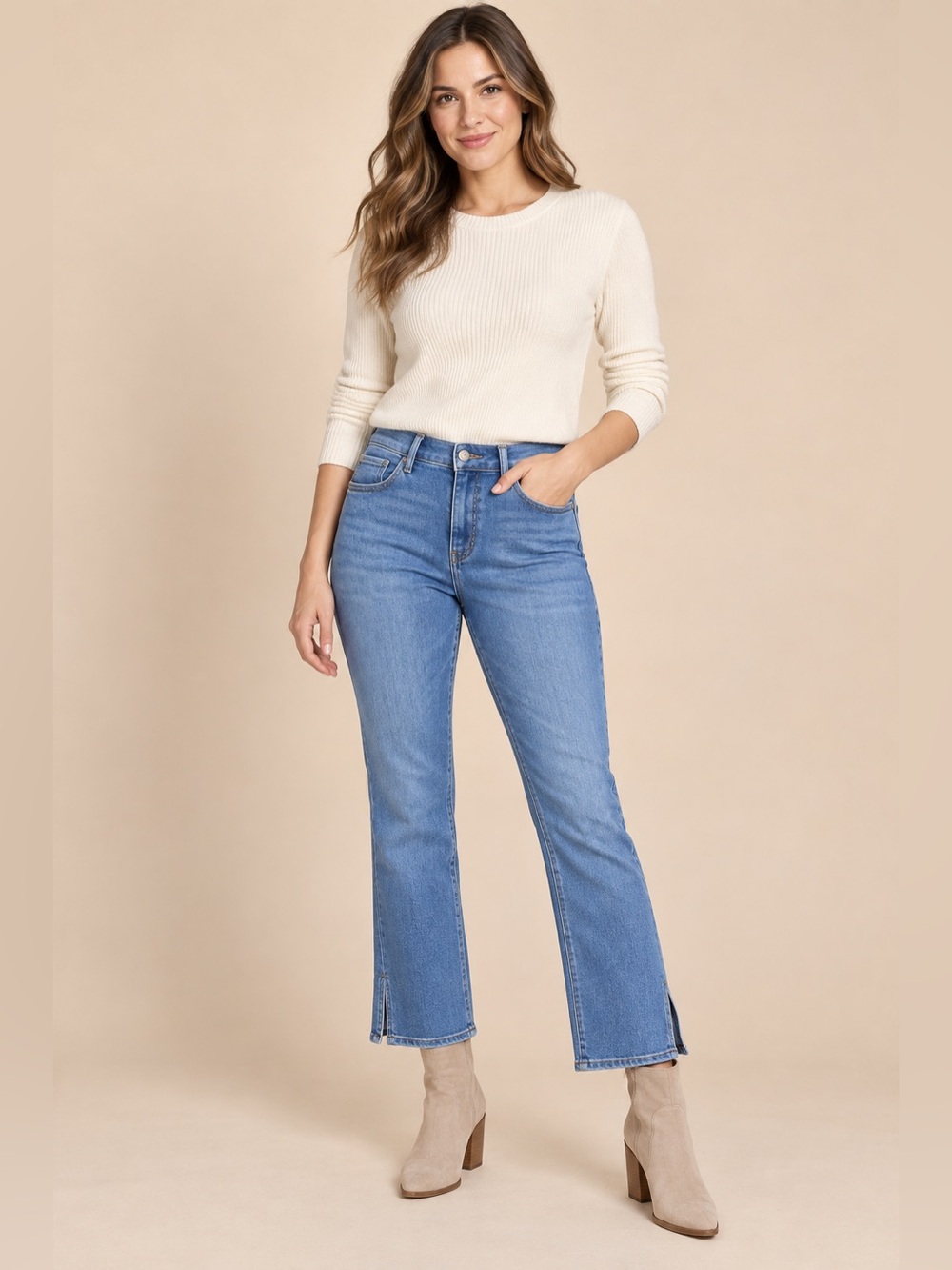Express High Rise Boot Jeans Size 10/R Blue Stretch Denim Split Hem